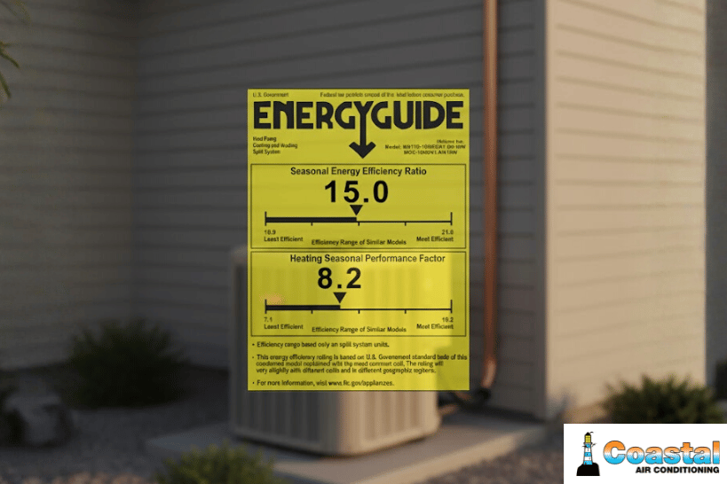 Energy guide label displaying SEER data with home HVAC system in background