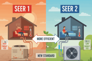 Infographic comparing SEER vs SEER2 standards showing energy use, efficiency, and new HVAC system requirements